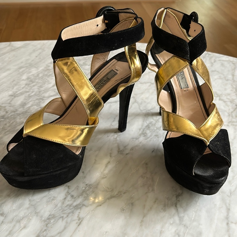 Prada gold and black suede heels